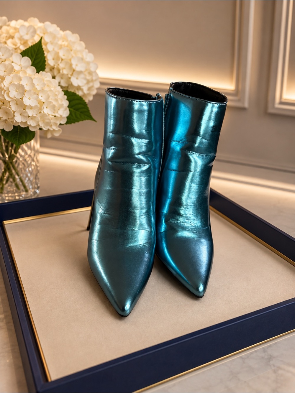 Metallic Teal Pointed-Toe Ankle Boots - Women